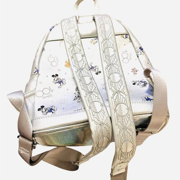 LOUNGEFLY DISNEY PARKS 100th ANNIVERSARY Backpack Bag Silver FAST SHIP 3085-1